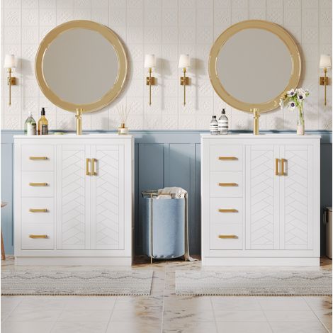 Set di 2 mobili lavabo in MDF e ceramica bianco 76,5x46,5x84,5 cm con 3 cassetti, 2 ante e ripiani laterali (1/5)