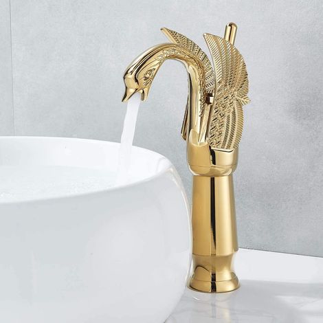 Robinet de lavabo en laiton doré, mitigeur vasque design élégant, robinetterie haute avec eau chaude et froide