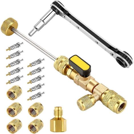 Outil d'extraction d'obus de valve et jeu de clés pour l'entretien des systèmes de chauffage, ventilation et climatisation avec embout hexagonal -- (1/5)