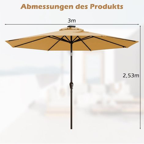 LED Beleuchtung Ampelschirm rund Sonnenschirm Solarbetrieben Gartenschirm Kurbel-beige-ø 3M