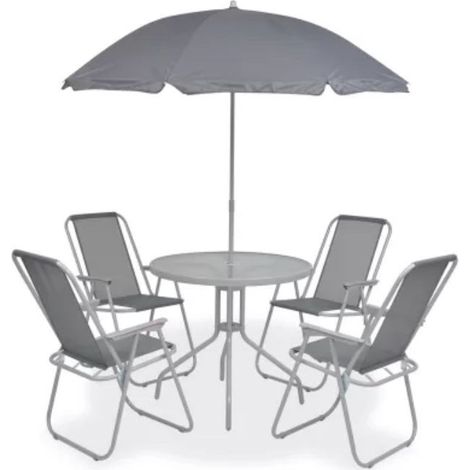 Table ronde avec parasol et 4 chaises de jardin métal gris Castle (1/5)