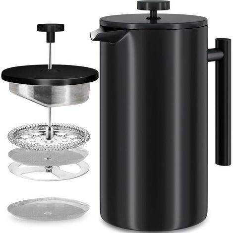 Cafetière à Piston INOX, Français Presse Café Isolation à Double Paroi de 1 L, Paroi intérieure avec Cautèle, avec 5 Filtres à Café et Cuillère Doseuse, 7-8 Tasses, Noir Mat, Café, Thé (1/5)