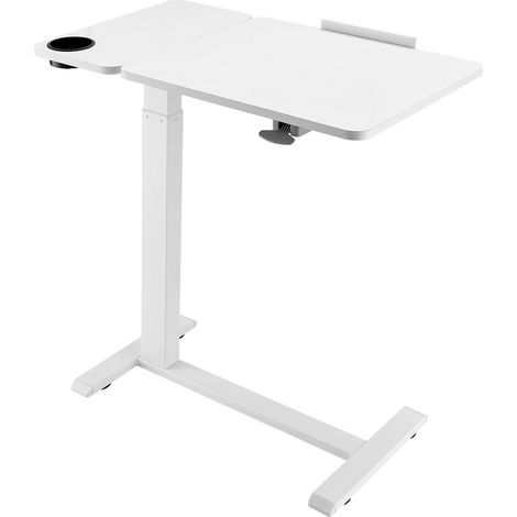 Table de lit mobile avec plateau rabattable, roulettes cachées, hauteur et inclinaison réglables, porte-gobelet, pour usage à domicile, bureau ou étude, blanc. (1/5)