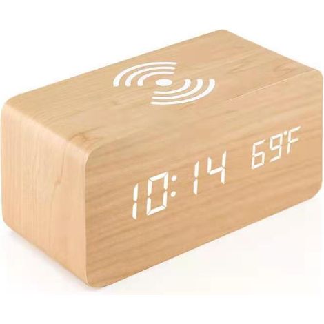 BEBUSINGOTO Reloj despertador de madera con cargador inalámbrico Qi compatible con iPhone Samsung Reloj digital LED de madera Función de control de sonido Hora Fecha Temperatura Visualización para do (1/5)