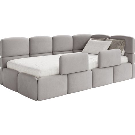 Selsey Cloudy – Kinderbett 120x200, Kopfteil rechts, Matratze & Bettkasten, Samt Hellgrau