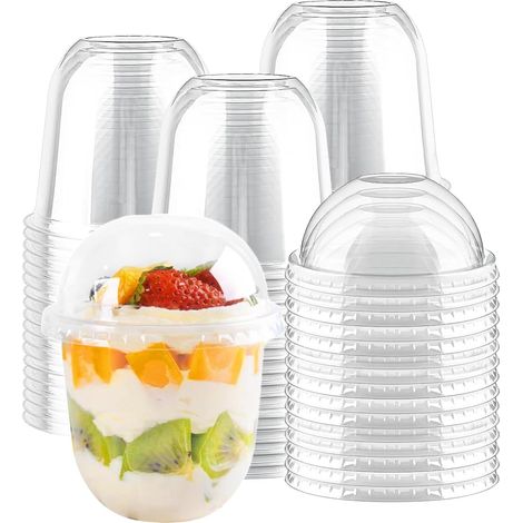 Lot de 50 Tasses à dessert, Plastique transparent, Couvercle dôme, Cuillères incluses, 360 ml, Pour fêtes et mariages