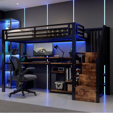 Lit mezzanine 90 x 200 cm en métal et MDF, avec escalier-placard, étagère, USB-C et LED noire (1/5)