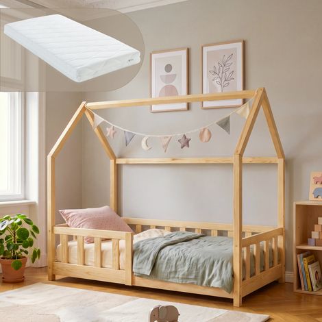 Hausbett Hesel mit Matratze und Rausfallschutz 70x140 cm Natur [en.casa] (1/5)