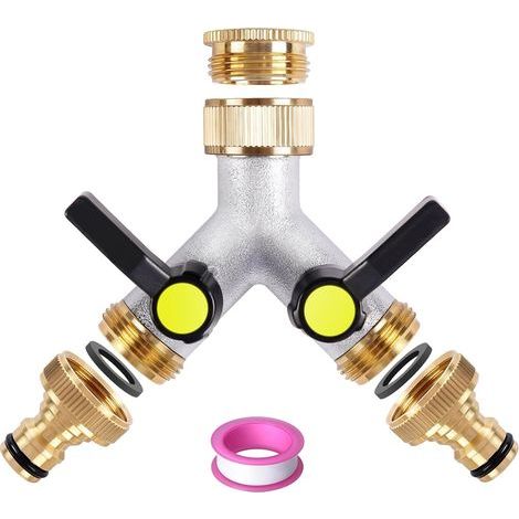 Répartiteur d'eau 2 voies en Y 3/4" - Distributeur d'eau - Avec poignée rallongée - 2 compartiments - Pour machine à laver, lave-vaisselle, tuyau d'arrosage (1/5)