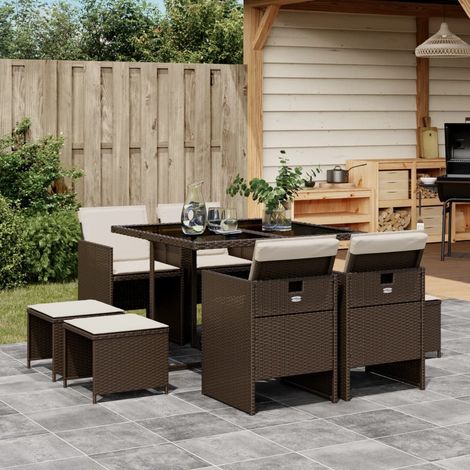 vidaXL 9 Piece Garden Dining Set with Cushions Brown Poly Rattan (1/5)