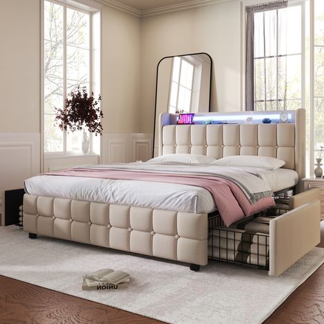 Bett Doppelbett Stauraum 180x200 mit LED Beige OKMYHOME