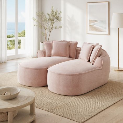 Canapé modulare in ciniglia rosa senza struttura, chaise longue doppia con cuscini, trasformabile (1/5)