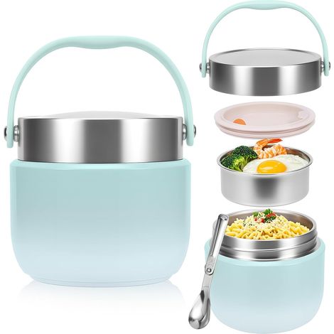 Isolierte Lunchbox (1200 ml) mit Löffel, auslaufsicherer Lebensmittelbehälter mit Deckel, für Suppen/Kompott (Erwachsene & Kinder), Grün - BPA-frei (Blau) (1/5)