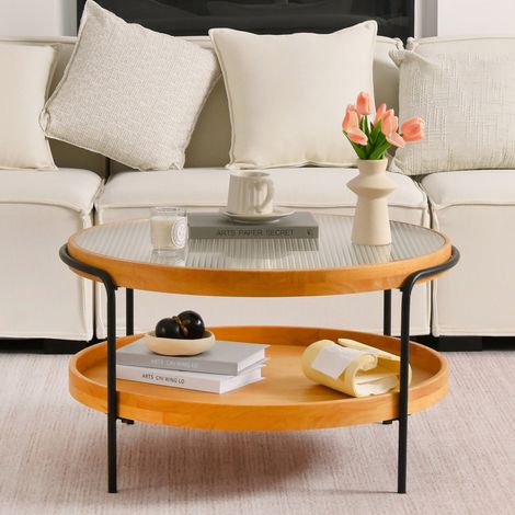 Table basse ronde à 2 niveaux en bois et verre, structure métallique, rangement pratique, ø76x45 cm pour salon (1/5)