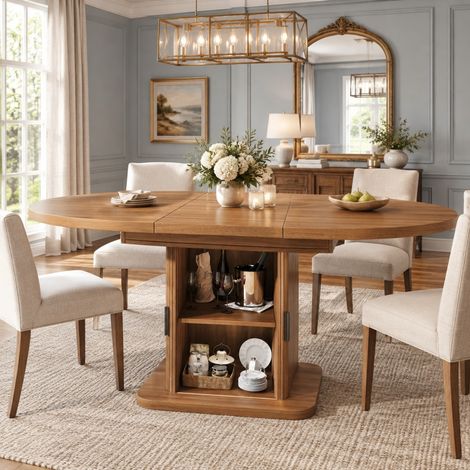 Mesa extensible ovalada con almacenamiento, 110 a 149,8 cm, MDF y metal, marrón OKMYHOME (1/5)