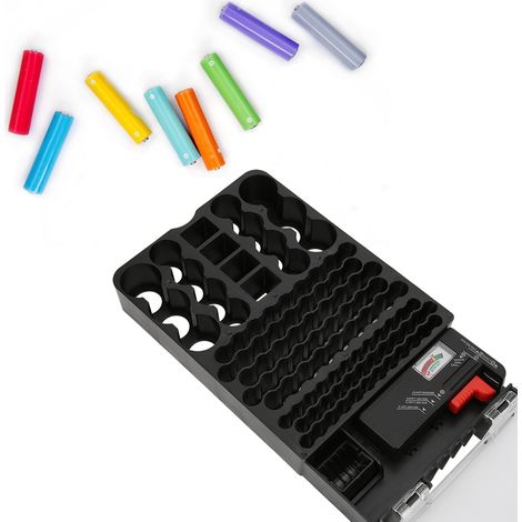 Boîte de rangement transparente pour 104 piles, organiseur de batterie avec testeur intégré à aiguille, étui de stockage portable, compartiments multiples, outil de diagnostic universel. (1/5)