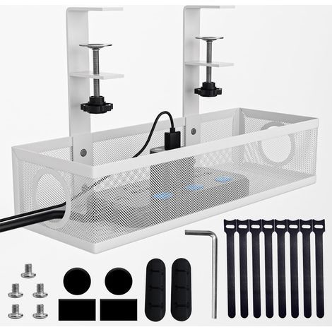 Range-câbles sous bureau en acier sans perçage, organiseur de câbles avec pinces réglables pour bureau 1-6 cm, plateau de gestion des fils blanc 40x15.5x18.5 cm (1/5)