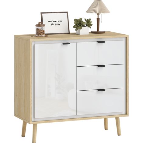 Buffet salon blanc 80x35x77cm meuble rangement placard 2 portes 3 tiroirs étagère réglable cuisine