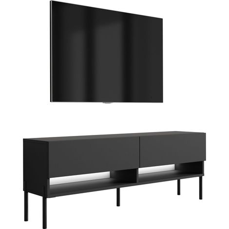 Meuble TV : Noir Mat, pieds droits noirs, LED blanche, 140 × 32 × 52 cm (1/5)
