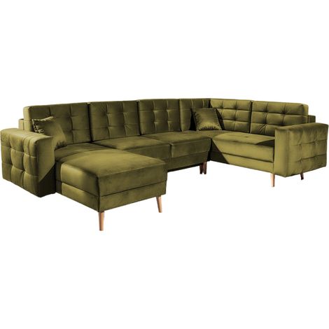 Canapé panoramique convertible ANSKA en velours - Pieds bois naturel-Vert olive (1/5)