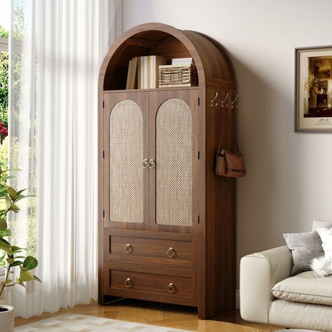 Buffet style vintage 80x40x180 cm, structure en rotin arquée, double tiroir, couleur noyer (1/5)