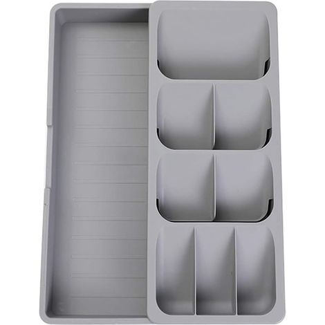 Organisateur de couverts/diviseur de tiroir 2-en-1 - 40,5x16,5x5,5 cm - PP gris - Extensible et réglable - Pour tiroirs de cuisine (1/5)