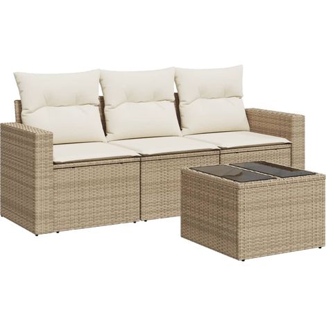 Salon de jardin avec coussins 4 pcs beige résine tressée (1/3)