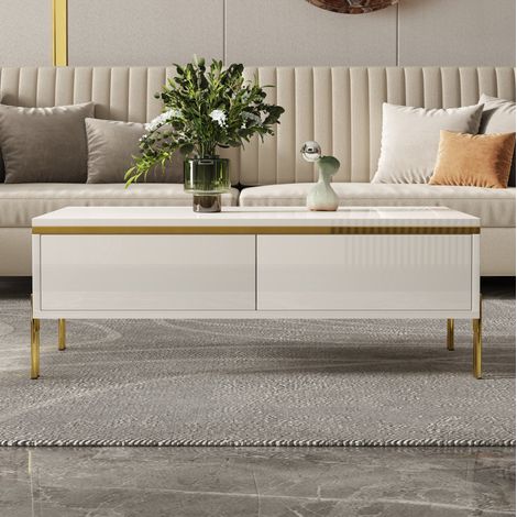 Mesa de centro 100x50x36 cm blanca en tablero de partículas con acabado brillante y cajones dobles (1/5)