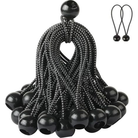 Tendeurs élastiques, 50 tendeurs élastiques avec boule pour bâches, tentes, voiles d'ombrage, 250 mm (noir à pois blancs) (1/5)