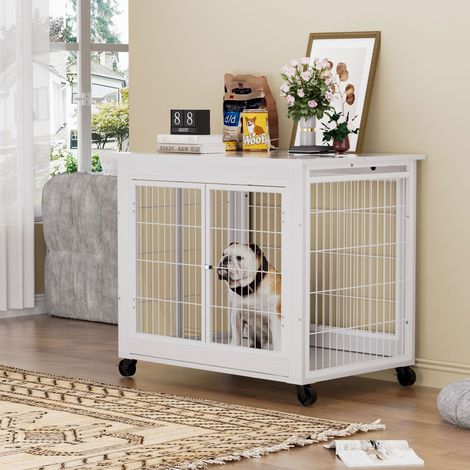 Hundebox im Möbelstil, Holzkennel-Tisch mit Doppeltür, Hundehütte für den Innenbereich mit aufklappbarem Dach, mit Rollen für einfache Mobilität, Weiß, 805669.5cm