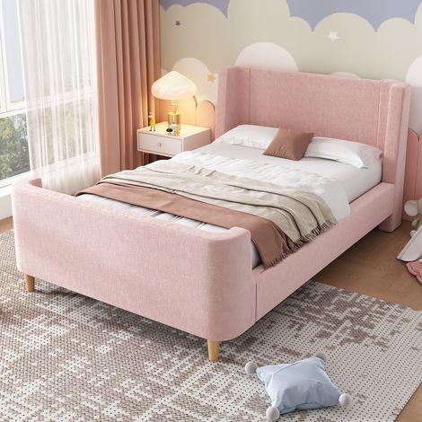 Cama infantil trineo 90x200 cm terciopelo rosa OKMYHOME (1/5)