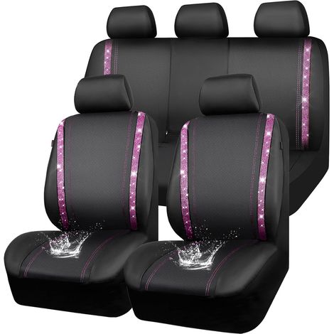Housses siège Voiture en Cuir imperméable, Bling Diamant Brillant Cristal Scintillant, Universel pour 95% de Toutes Les Automobiles Camions SUV, Femmes Filles(Ensemble Complet, Rose) (1/5)