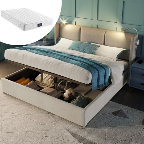Lit double capitonné avec coffre 140x200 cm, tête de lit en lin beige avec liseuse USB, sommier à lattes et matelas inclus (1/5)