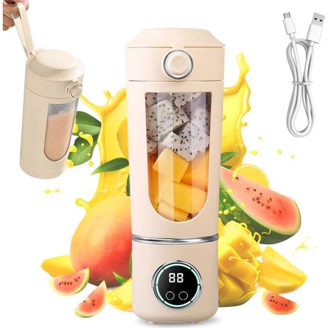 Mixeur portable pour smoothie - 700 ml - Rechargeable de type C - Gobelet avec couvercle anti-fuite et ouverture pour boire - Pour milkshake, jus, smoothie (Beige) (1/5)