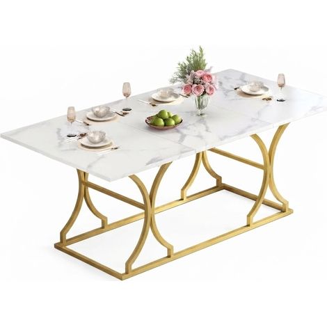 ELVMI Table de Salle à Manger pour 8 à 10 Personnes avec Pieds Réglables, MDF, 200 x 80 x 76 cm, Blanc et Doré (1/5)