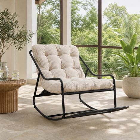Fauteuil à bascule avec coussin épais, cadre en acier, blanc/noir HAVRYA (1/5)