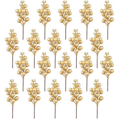 20 tiges de baies artificielles, 19 cm, tiges de baies pailletées de Noël, décorations artificielles pour sapin de Noël (doré) (1/5)