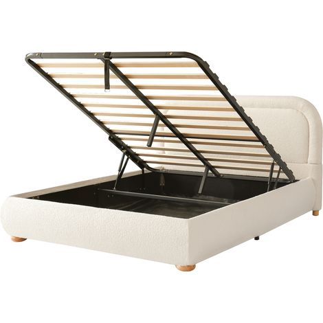 Cama doble capitoné 140 x 190 cm con somier de láminas y almacenaje hidráulico, tejido bouclé beige (1/5)