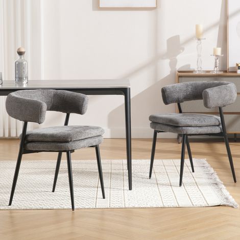 Wahson Lot de 2 chaises de salle à manger en chenille – Coussin épais – Pieds en métal noir – Hauteur d'assise 49,5 cm – Gris moderne