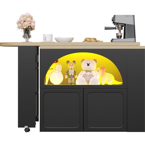 ELVMI Tavolo Bar Estensibile con Vano Contenitore, LED e Ruote, per Cucina o Soggiorno, in MDF, Nero, 135-205x39x100 cm (1/5)