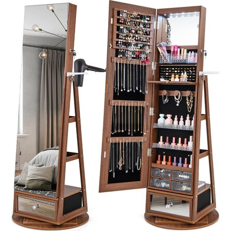 Armoire à bijoux avec miroir plein pied, LED, rotation 360° et verrouillage, rangement maquillage chambre (1/5)