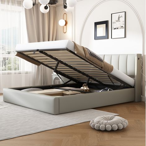 Bett mit Stauraum PU grau 140x190 cm, inklusive Lattenrost, mit LED, USB-/Type-C-Anschluss und verstellbarer Rückenlehne (1/5)