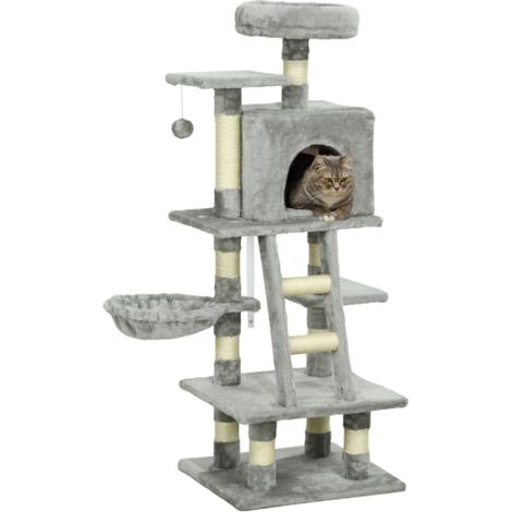 132cm Grey Cat Tree with Scratching Post, Cozy House, Hammock, and Toy Balls for Active Cats (1/5)