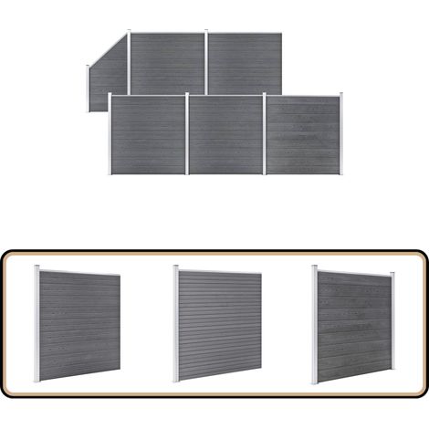 WPC Zaun-Set 5 Quadrate + 1 Schräge 965x186 cm Grau - Holz Zaun - WPC Zaun - Gartenzaun - Privacy Screen - Sicherheitszaun