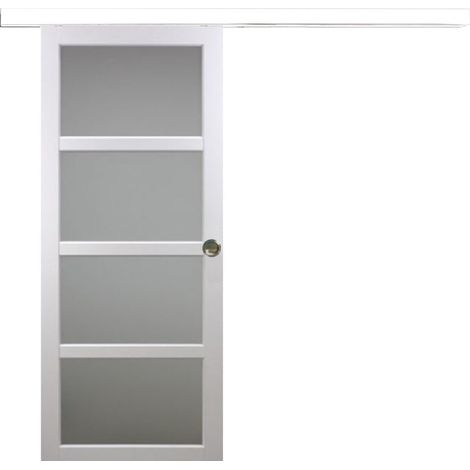 Porte Coulissante Tana Blanc Vitrée H204 X L93 + Rail Alu Bandeau Blanc Et 2 Coquilles