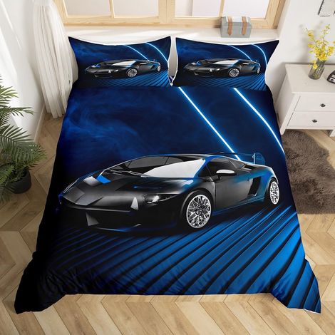 Housse de Couette 140x200 Enfant Voiture de Course, Parure de Lit Ado Garçon Voiture de Course, Sets de Housses de Couettes Voiture de Sport Extrême Couvre Lit Rayures Géométrique Bleu (1/5)