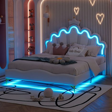 Lit double 140x200cm - Lit enfant 140x200 - Lit rembourré simili-cuir en forme de couronne princesse avec éclairage LED - Blanc (1/5)