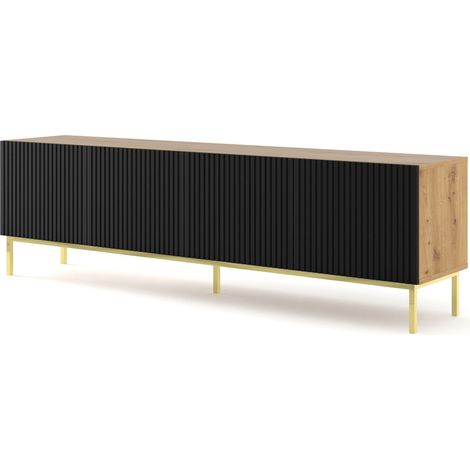MOBILE RAVENNA B PORTA TV IN MDF RIVESTITO IN LEGNO 4D 200 ROVERE ARTIGIANALE NERO OPACO STRUTTURA ORO