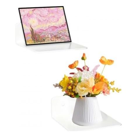 2 Étagères Murales Blanches en Acrylique Petites Étagères Flottantes 12,5cm pour Enceinte Connectée, Routeur Wi-FI, Téléphone sans Perçage ou Vis Salle de Bains, Salon Déco (1/5)