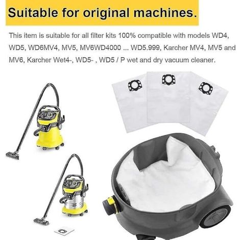 Confezione da 10 sacchetti filtro in tessuto non tessuto per aspirapolvere Kärcher WD4/WD5/WD6/MV4/KD3/WD3 - compatibili con aspirapolvere Kärcher per solidi e liquidi - sacchetti filtro con 2 spazzol (1/4)